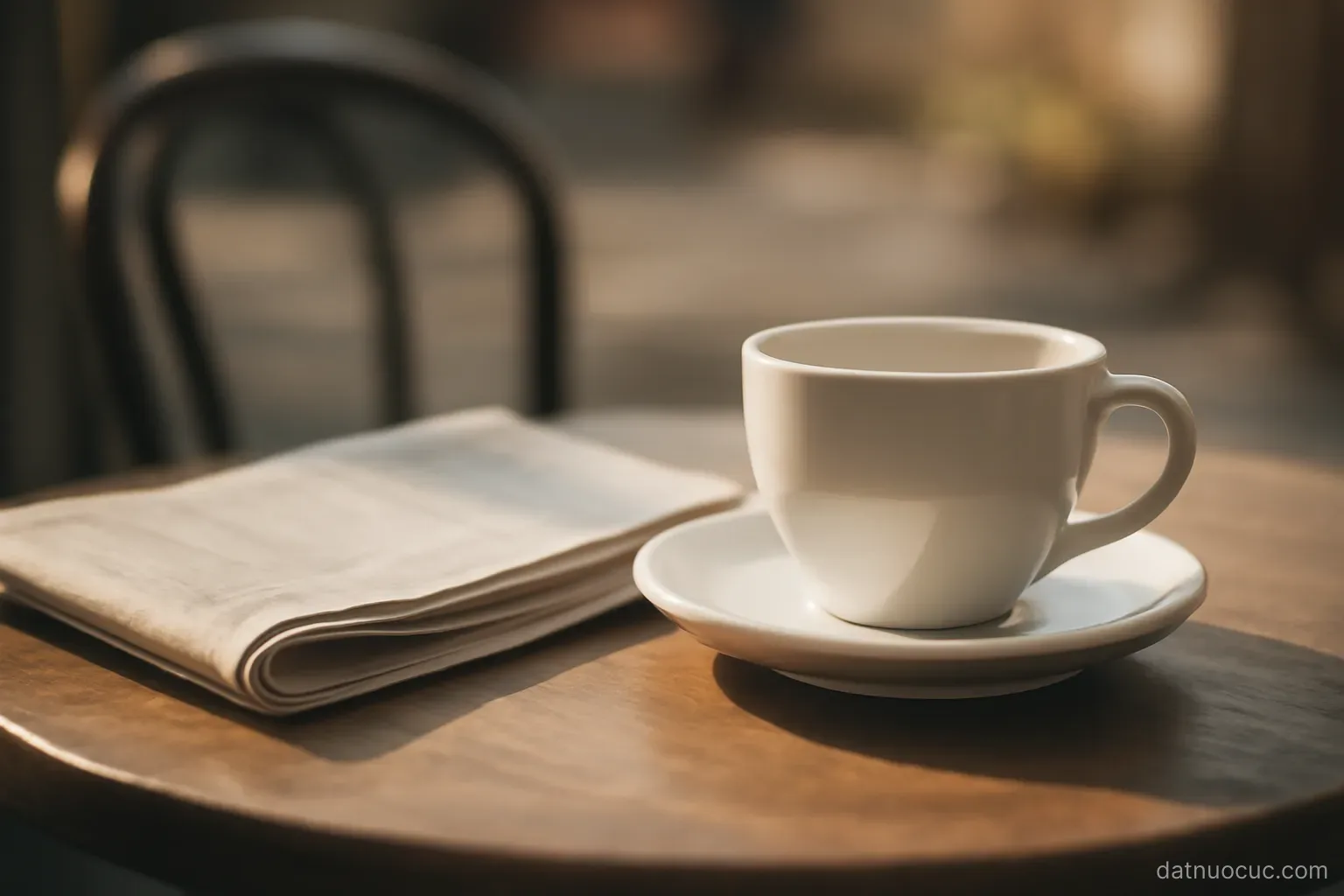 A café table with an empty white cup and saucer beside a folded newspaper, morning sunlight