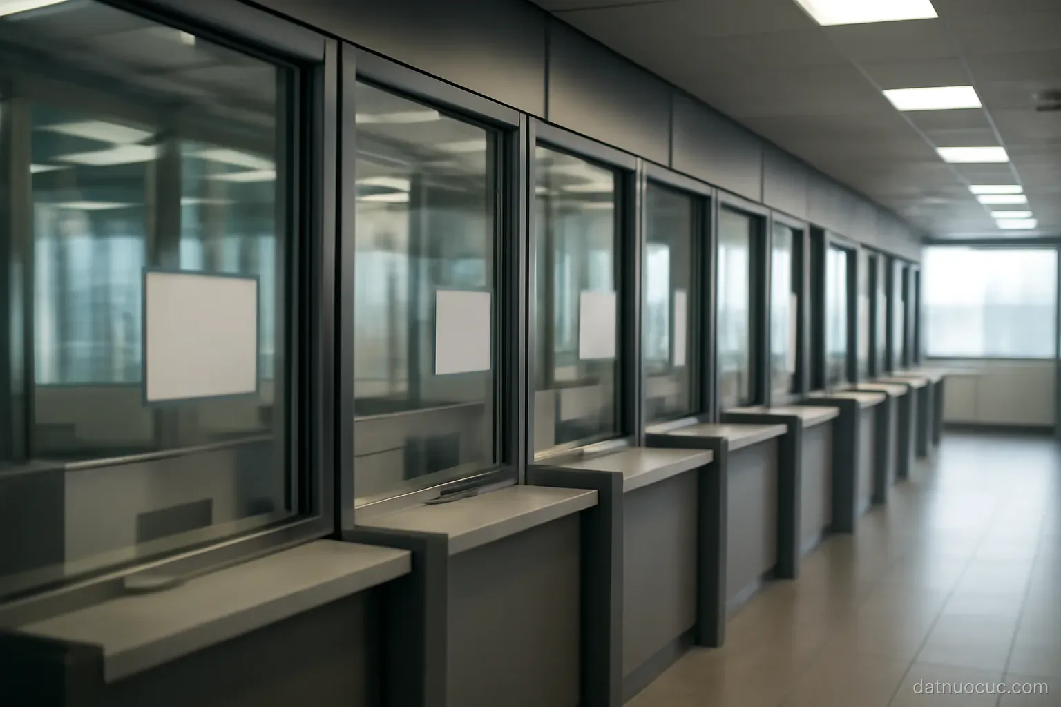 A row of empty booths at a border control hall with closed glass panels, uniform lighting, no people