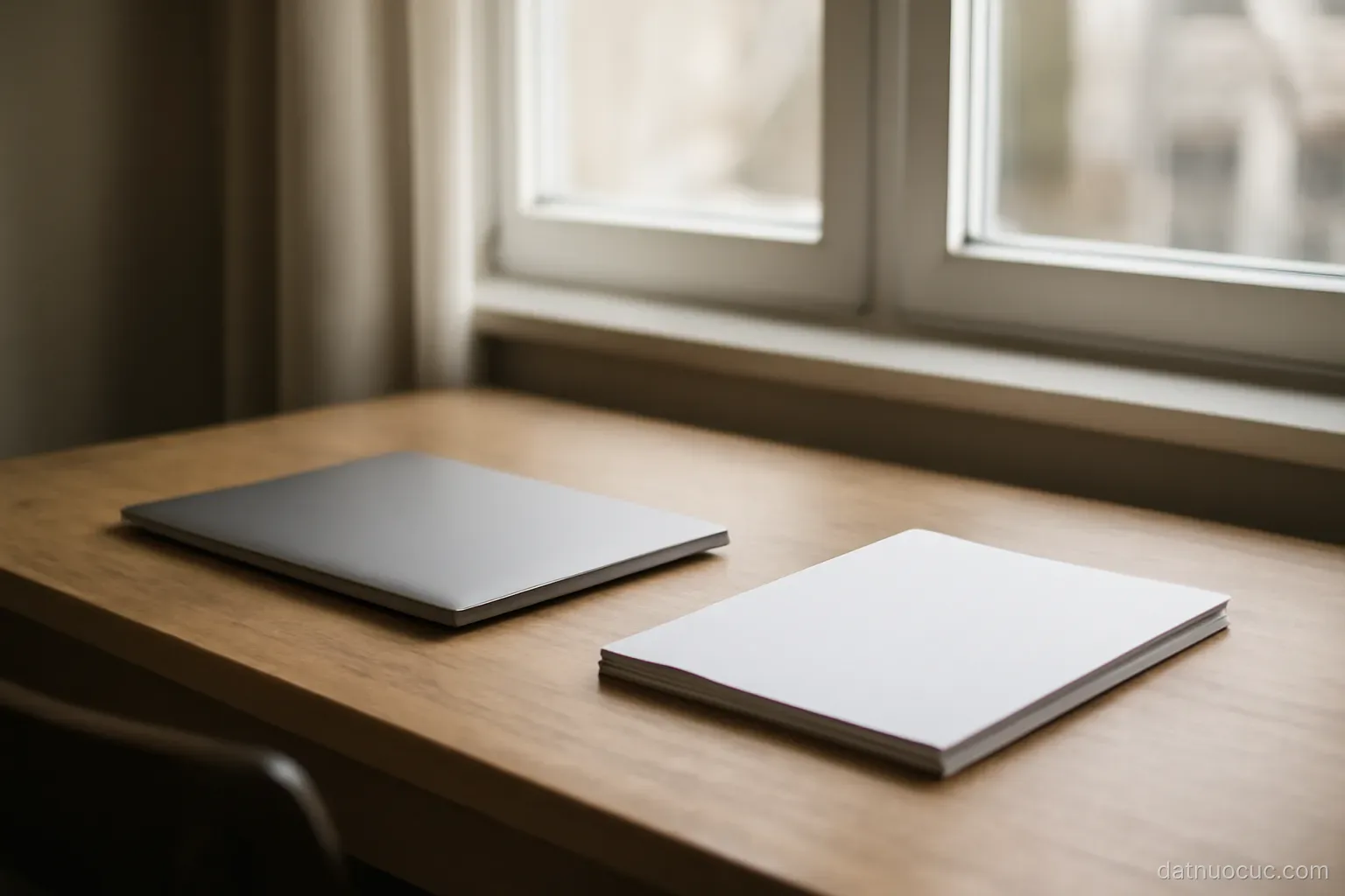 An empty study desk by a window with a closed laptop and a stack of blank paper, natural light