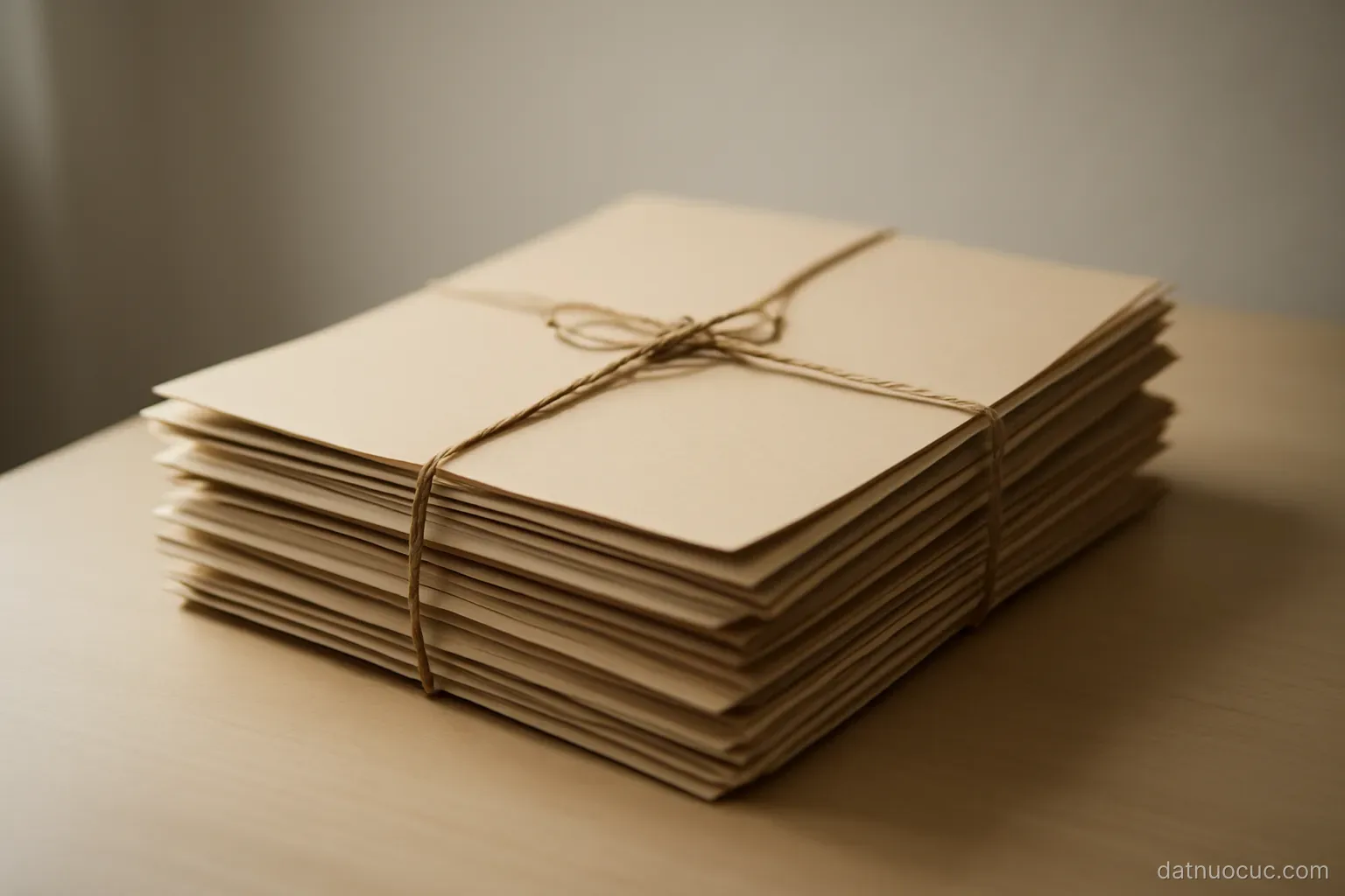 A stack of unmarked document folders tied with string on a plain desk, side lighting, nothing written