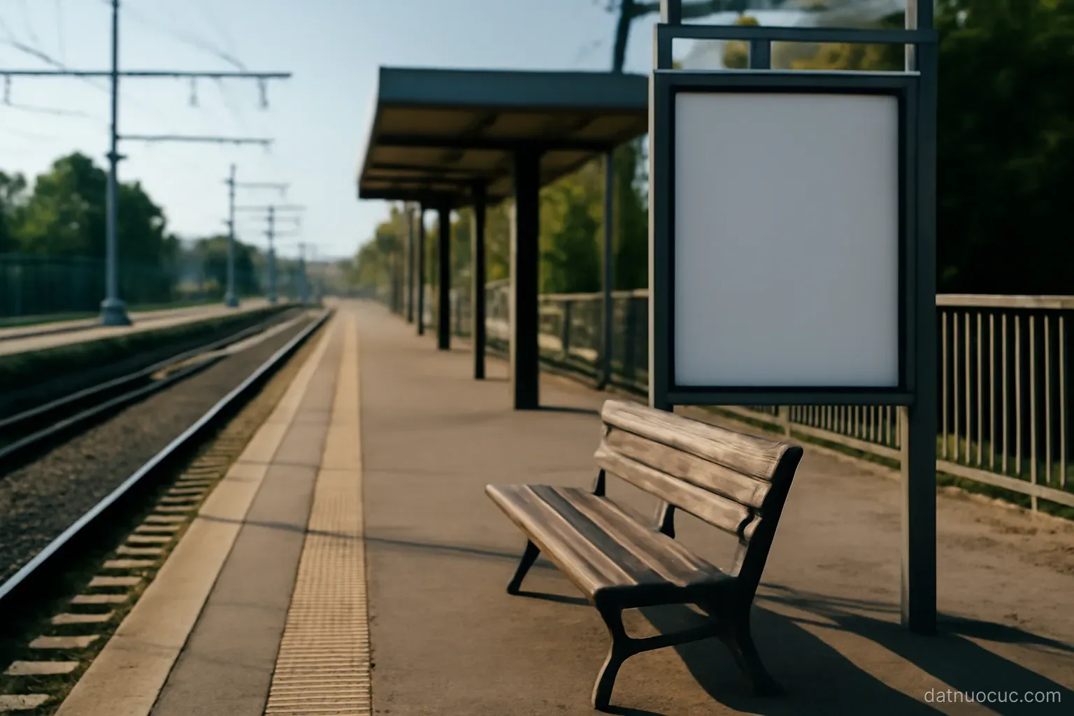 A suburban train platform with an empty bench and a blank information board, mid-morning light