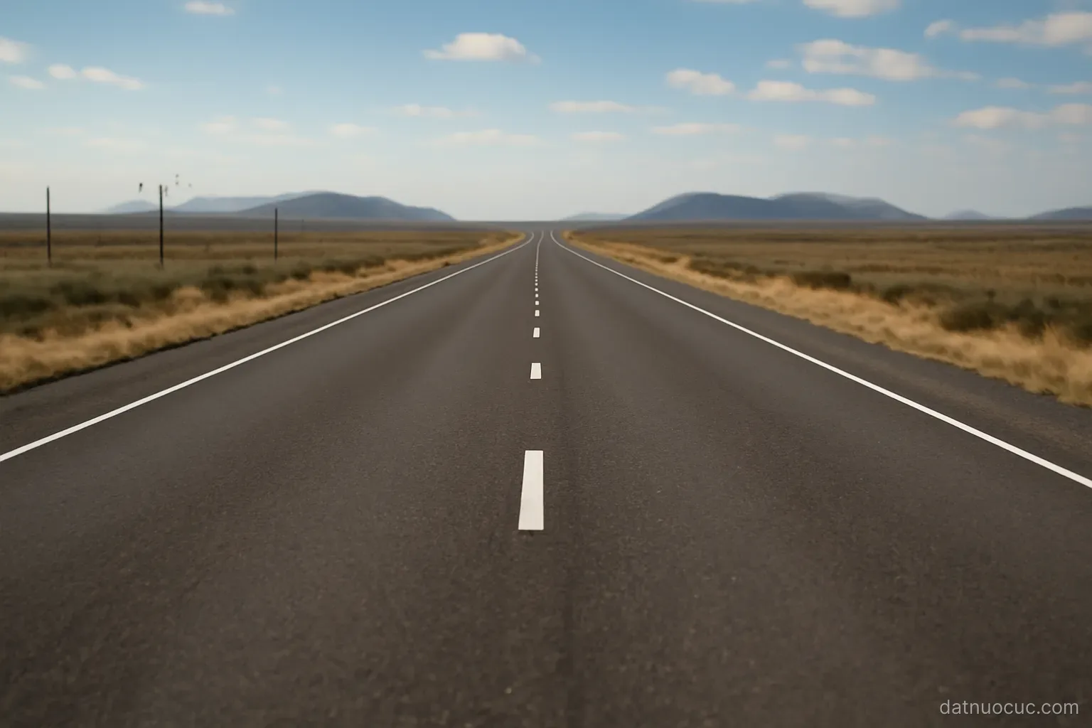 A long straight road running toward distant low hills under an open sky, empty of traffic