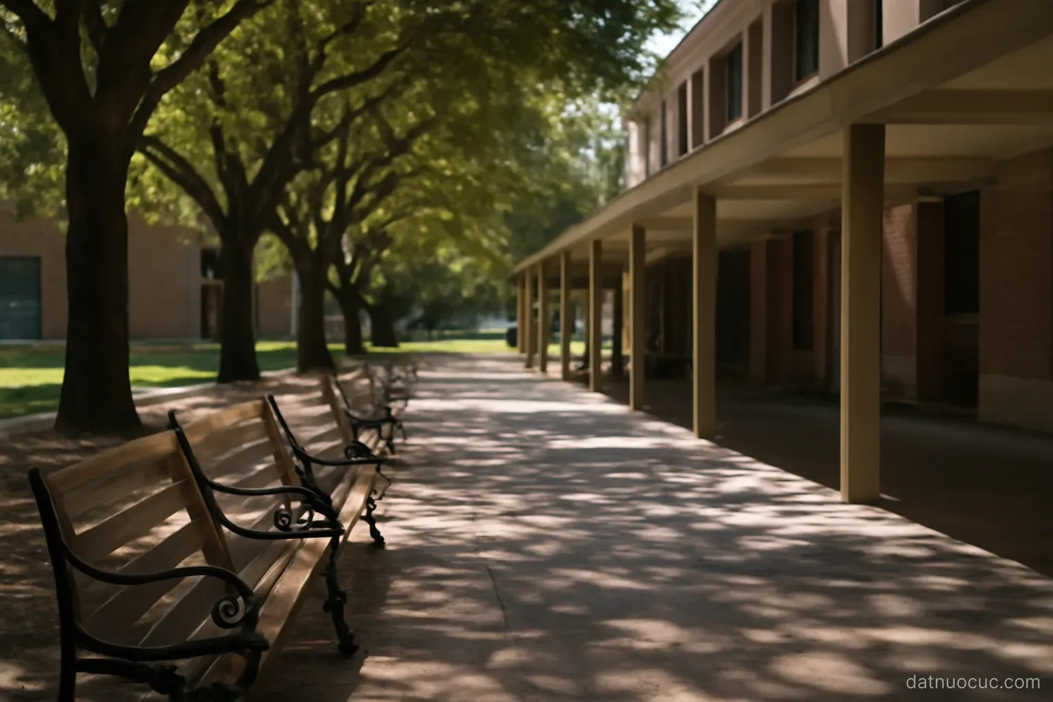 A university courtyard with empty benches and a covered walkway, trees casting shade, no people