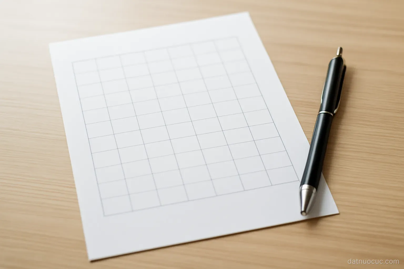 A blank scoring grid printed on paper lying on a desk beside a pen, no numbers filled in, even light
