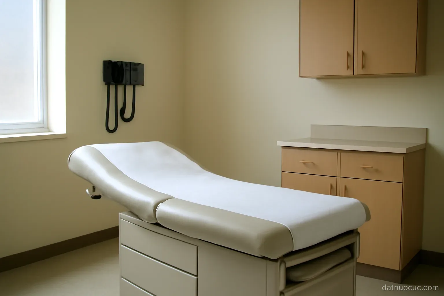 A medical examination room with an empty bed, a blood-pressure cuff on the wall and a closed cabinet
