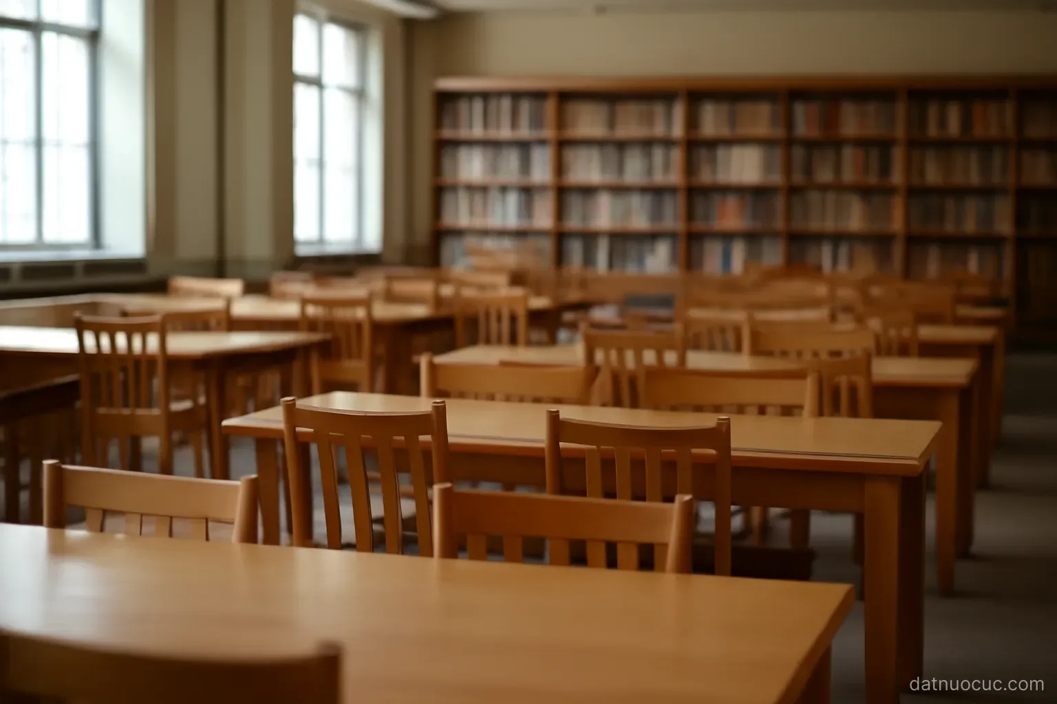 A library reading room with long empty tables and shelves in the background, soft indirect light