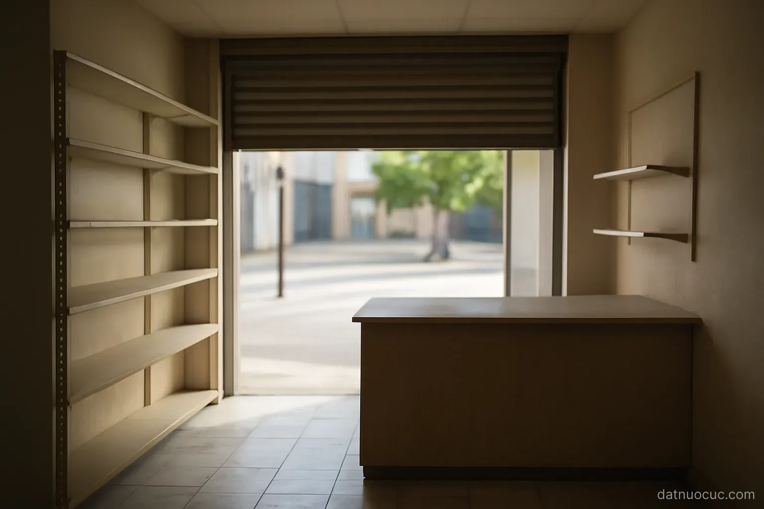 A small empty shopfront interior with bare shelves and a counter, roller door open, daylight