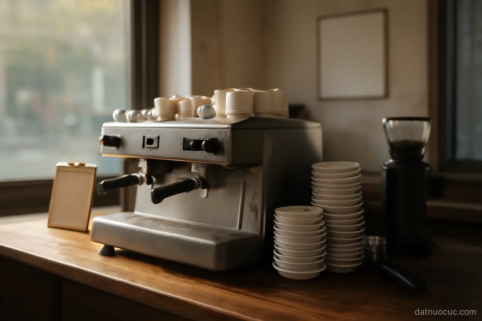 A café counter with an empty espresso machine and stacked cups, no staff or customers, morning light