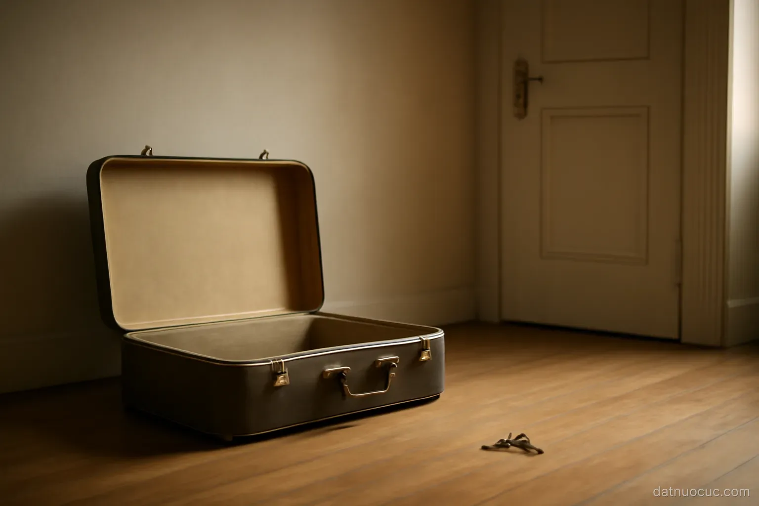 An open empty suitcase beside a closed door in a bare room, keys on the floor, morning light