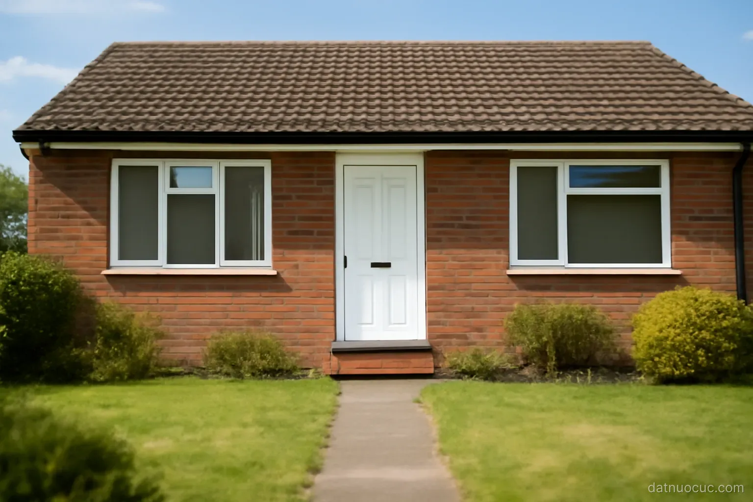 An empty single-storey brick house seen from the front garden, closed door and windows, clear daylight