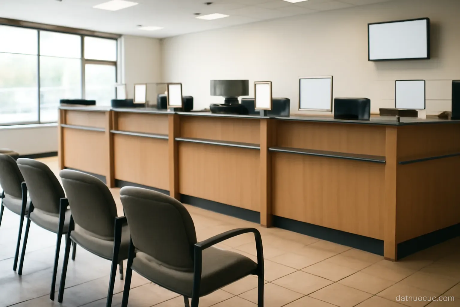 A bank branch interior with an empty teller counter and a row of vacant chairs, bright lighting