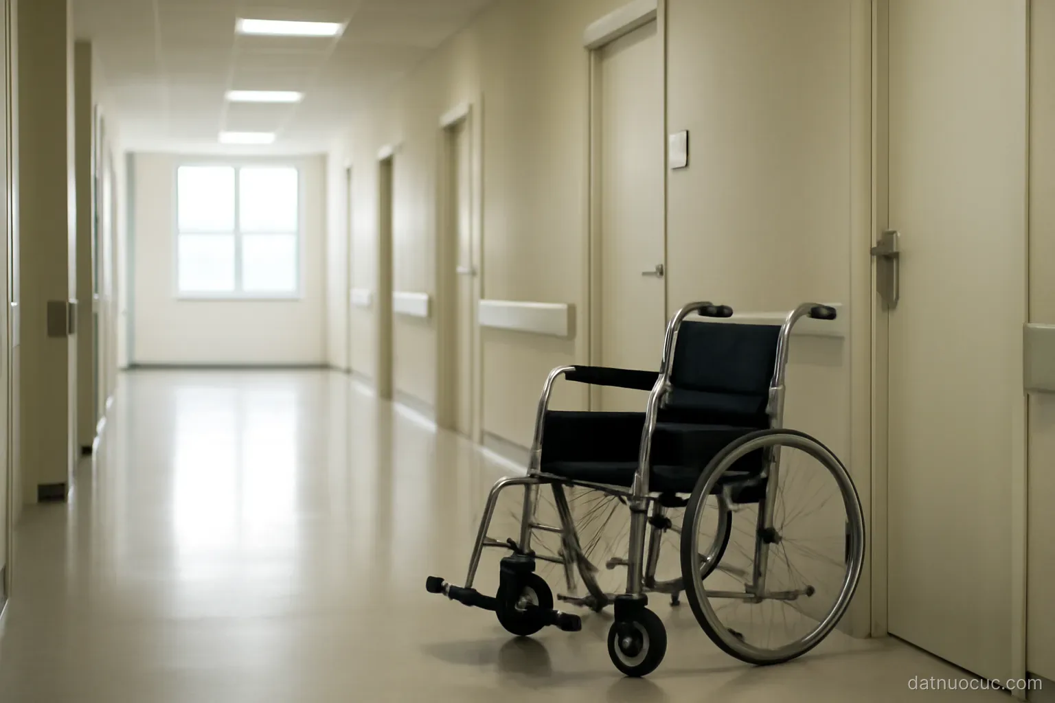 A hospital corridor with an empty wheelchair parked against the wall and closed doors, even lighting