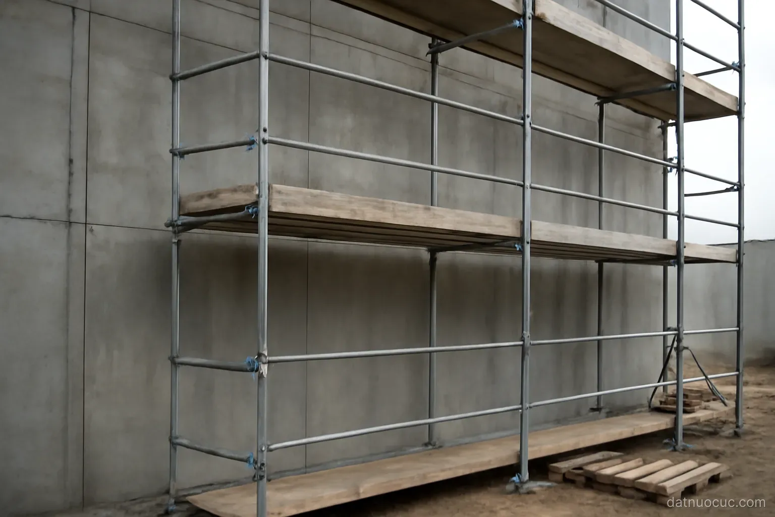 A construction site with scaffolding against an unfinished wall, tools absent, overcast daylight