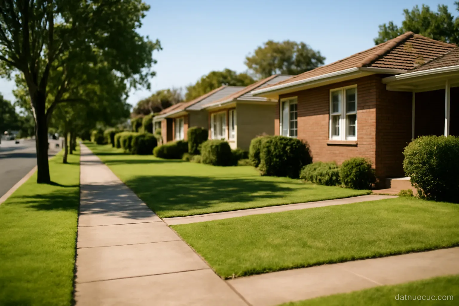 A suburban street of single-storey houses with front lawns and a wide footpath, bright afternoon light