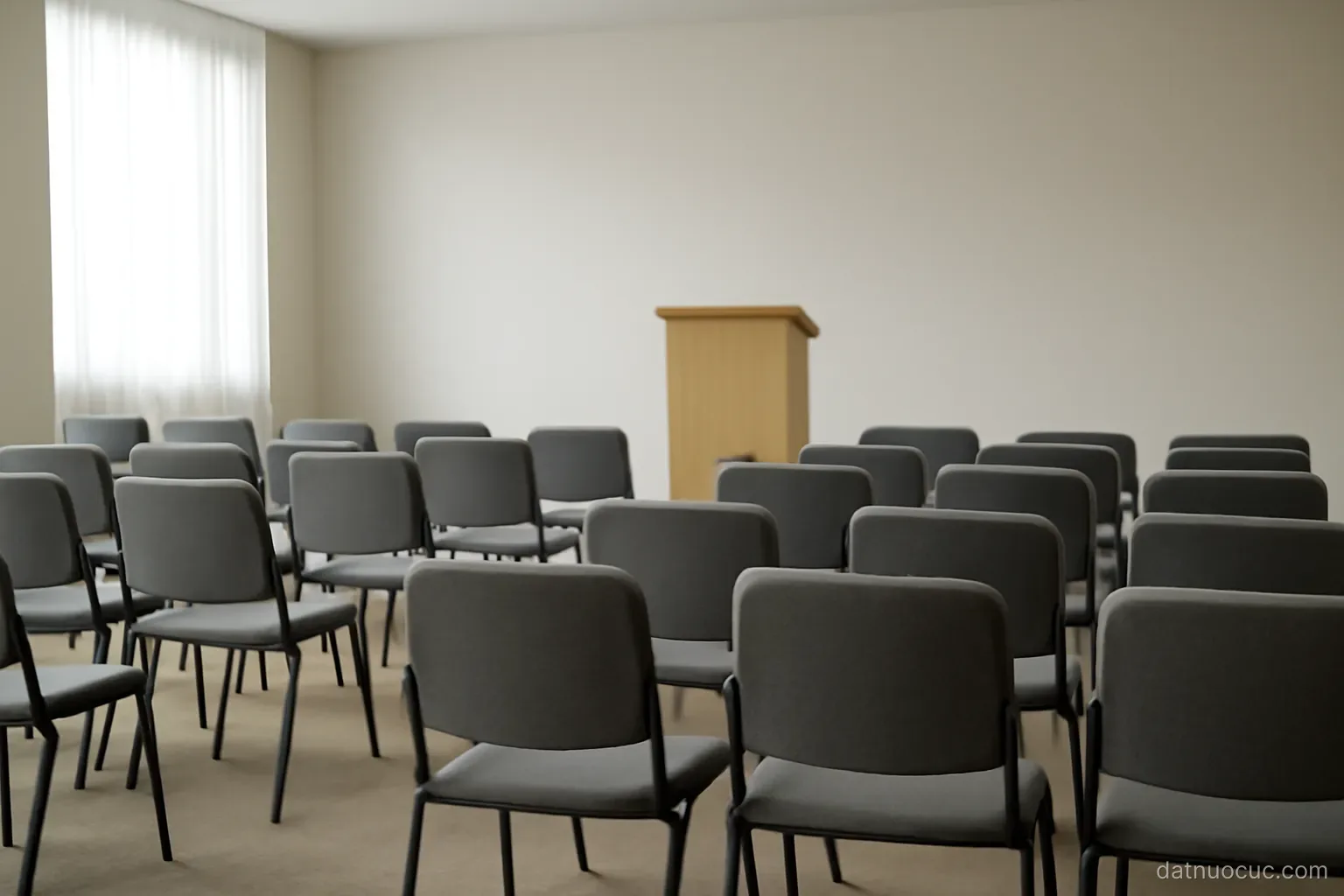 A small ceremonial hall with rows of empty chairs facing a plain lectern, flags absent, even light
