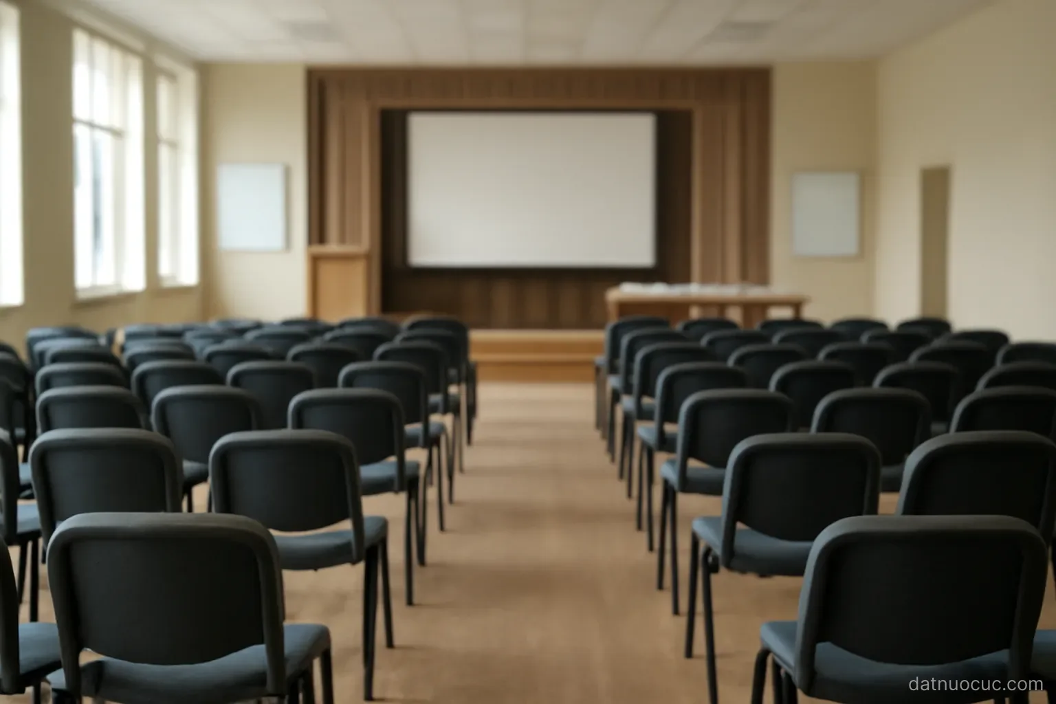 An empty graduation hall with rows of chairs facing a stage, no gowns or people, plain daylight