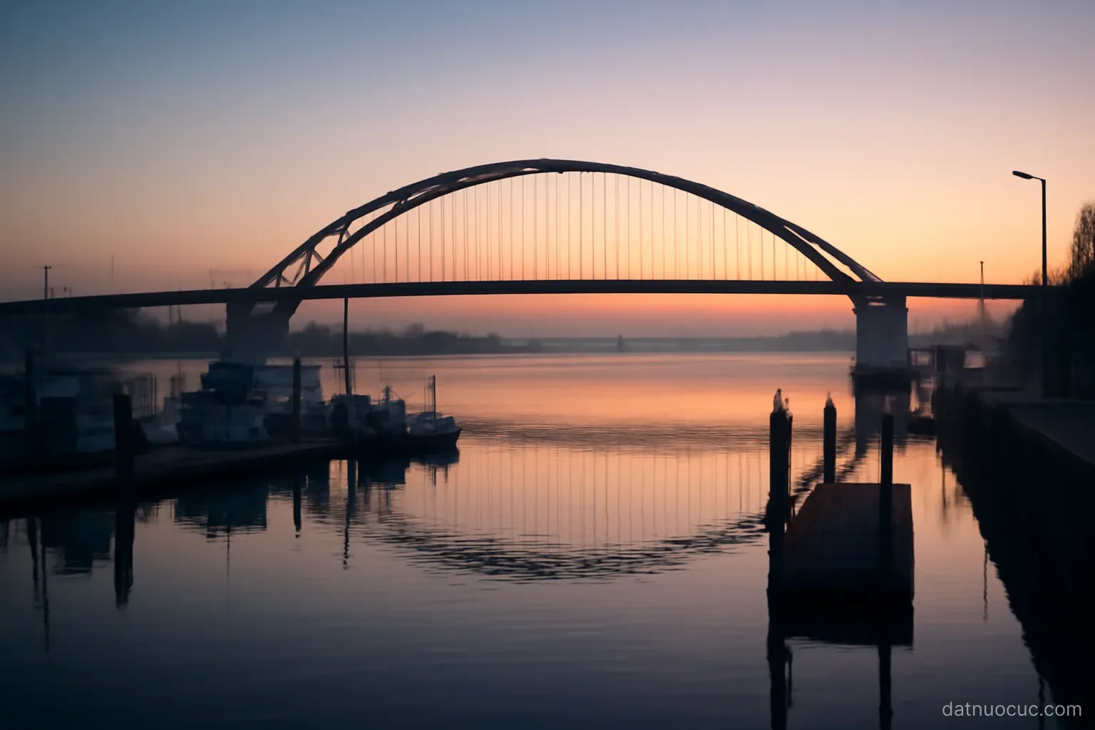 A harbour view with a curved bridge silhouetted against the sky at dawn, still water below