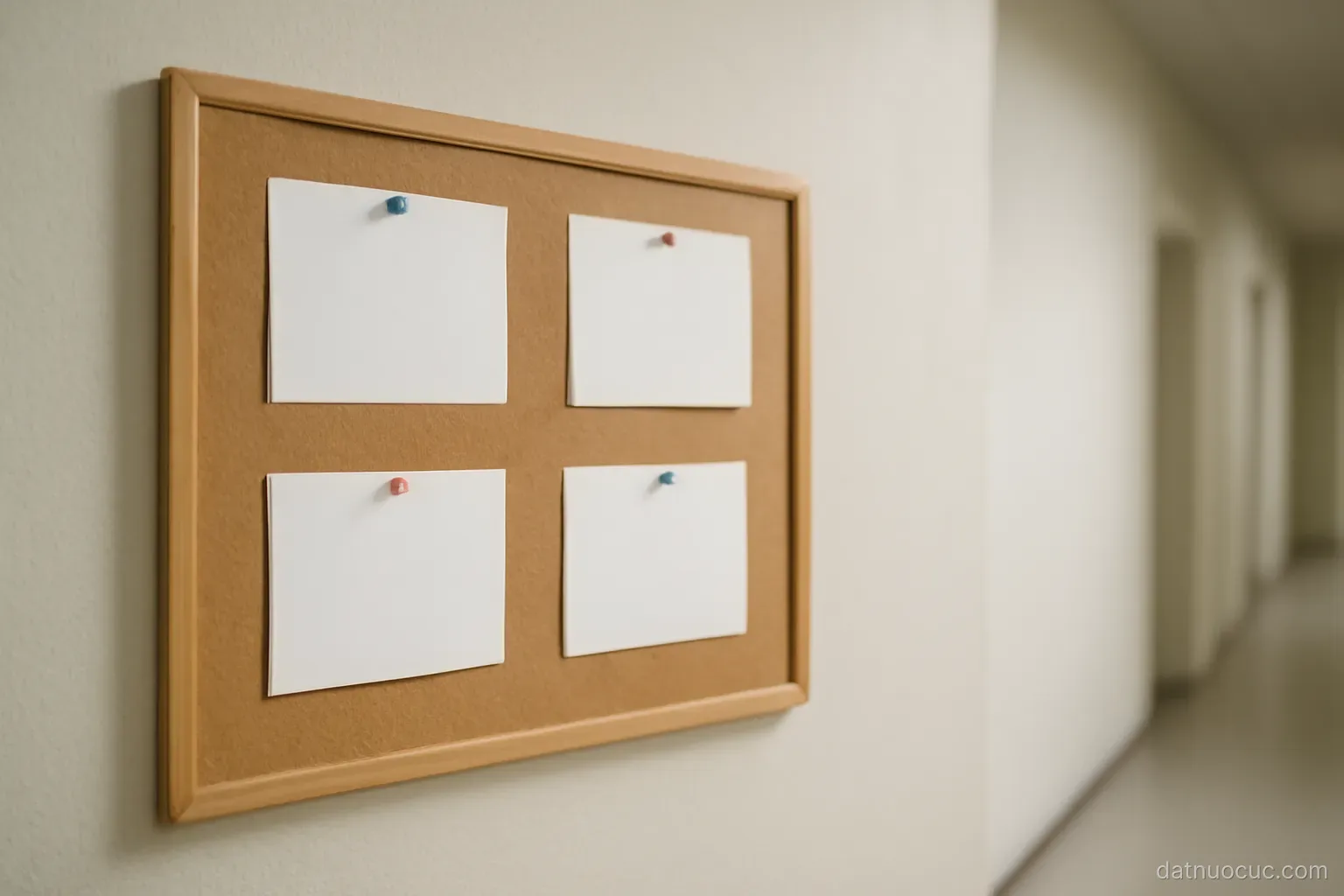 A noticeboard on a wall with empty pinned cards and thumbtacks, plain corridor, even light