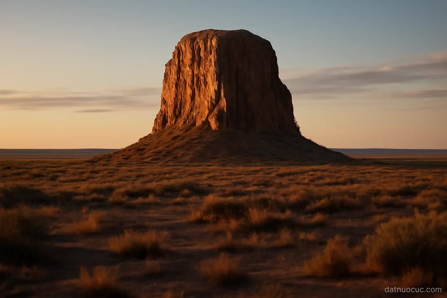 A large isolated rock formation rising from flat scrubland at sunset, long shadows across the ground