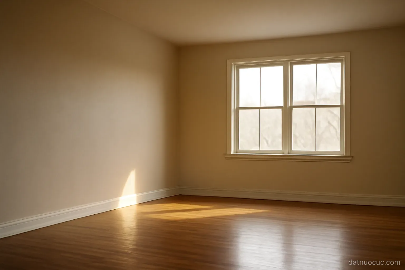 An empty living room with bare walls, a large window and wooden floorboards, afternoon light