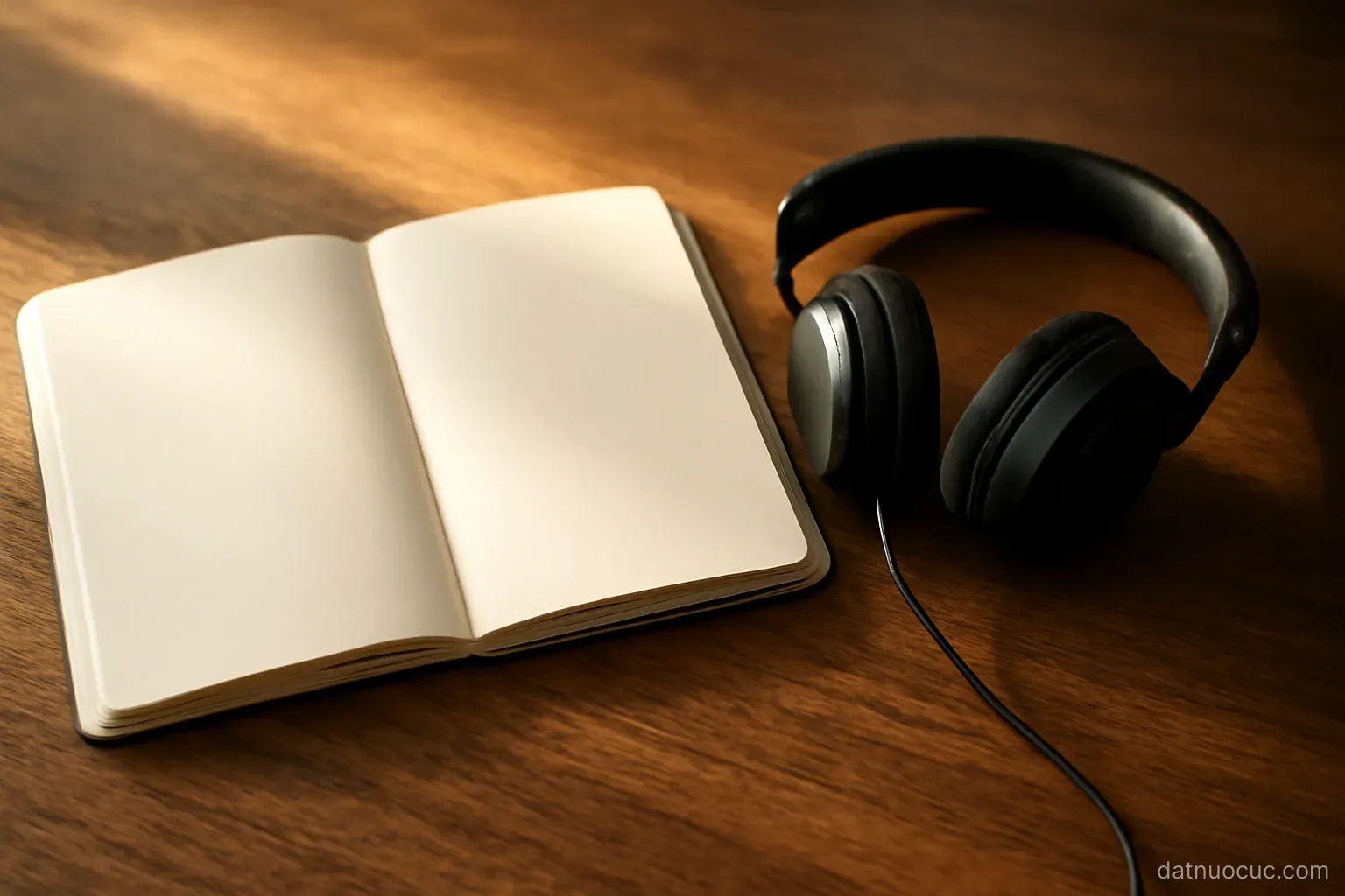 An open blank notebook and a pair of headphones resting on a wooden table, warm side light