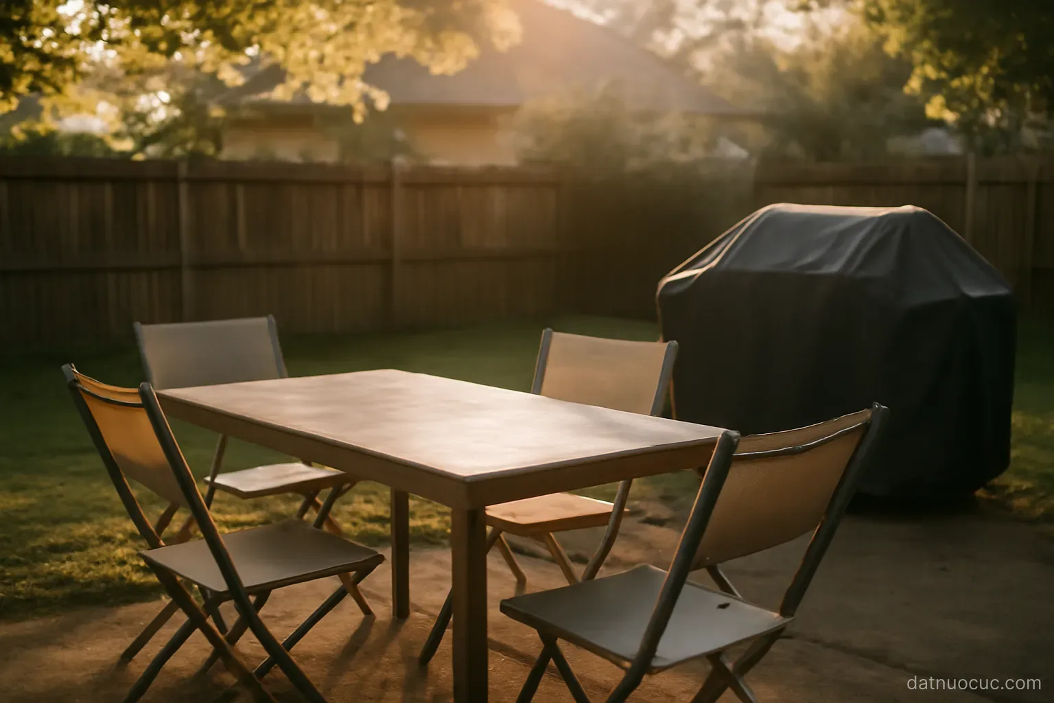A backyard with an empty outdoor table, folding chairs and a covered grill, late afternoon light