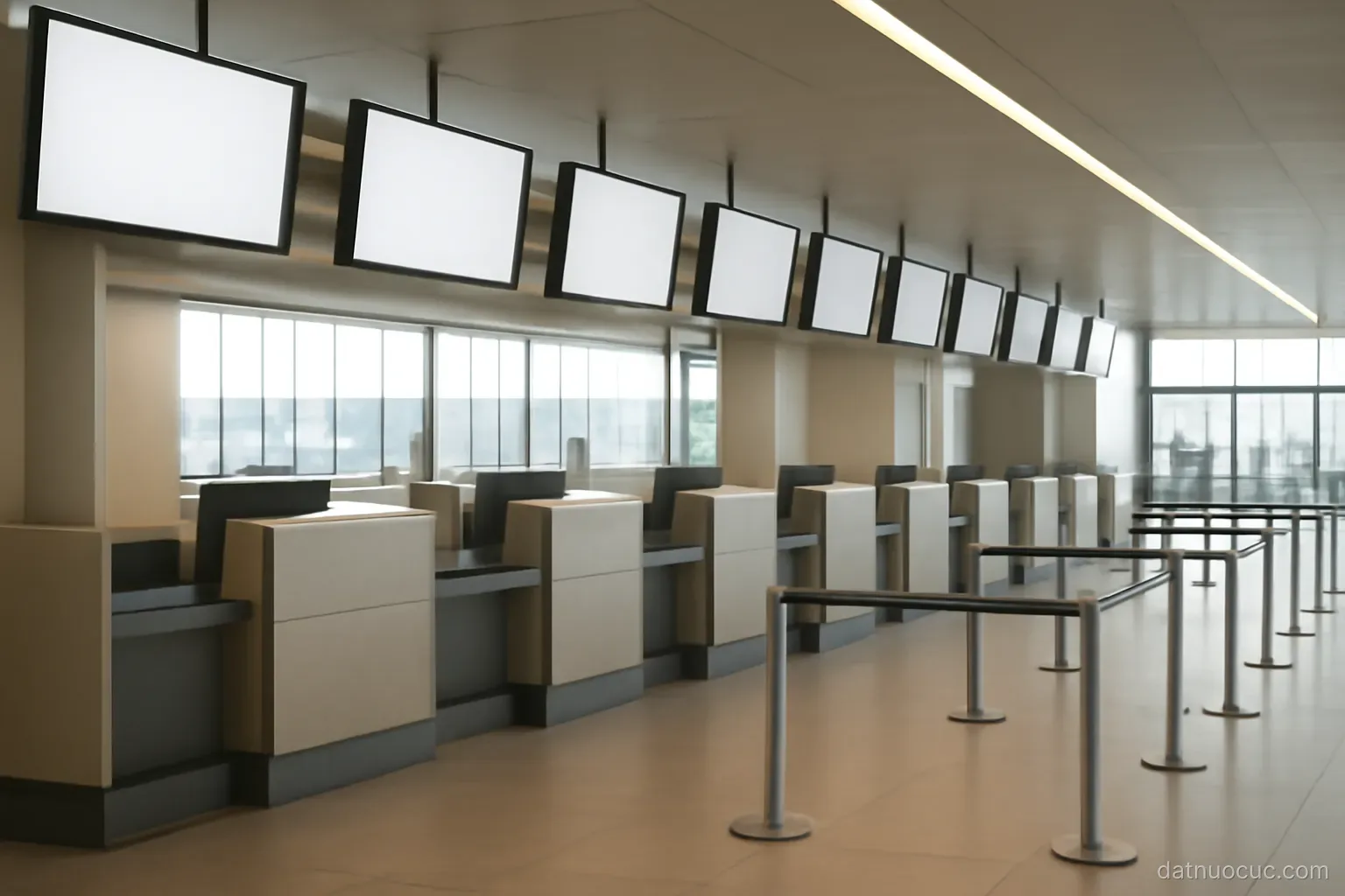 An airport departure hall with an empty check-in row and a bank of blank display screens, even lighting