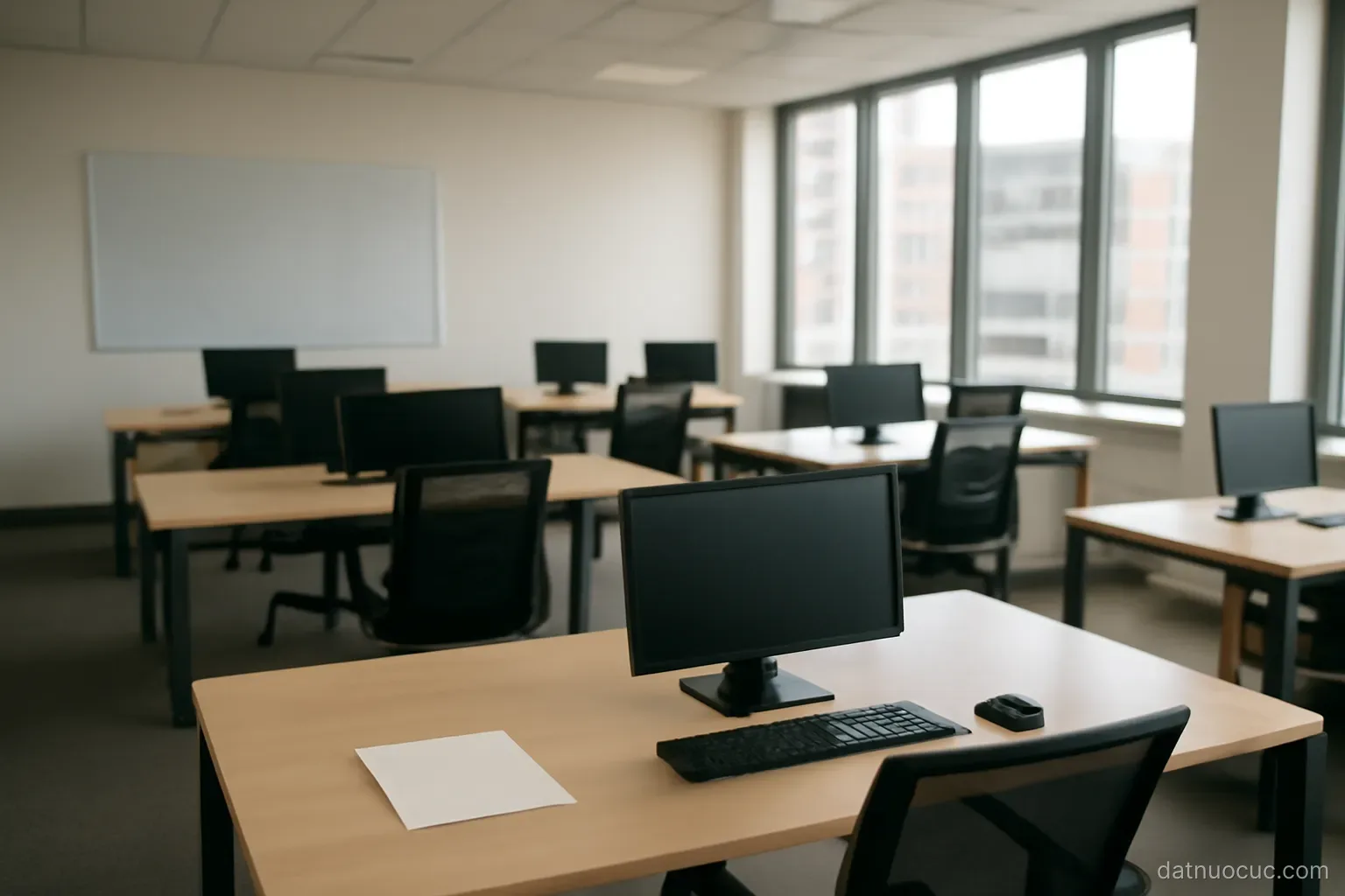 An open-plan office with empty desks, a whiteboard wiped clean and large windows, daytime