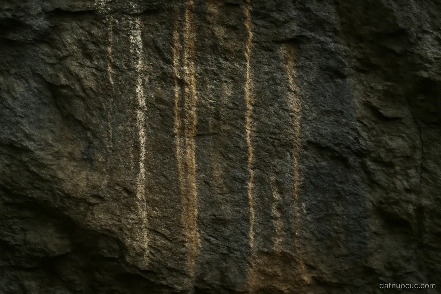 A weathered rock wall in shadow with natural mineral streaks, no markings visible, diffuse daylight