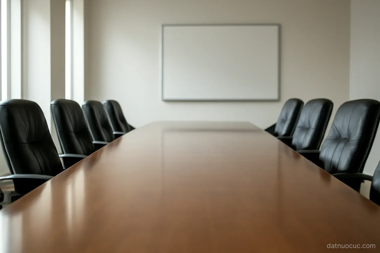 An empty boardroom with a long polished table and chairs pushed in, blank wall, daylight from one side