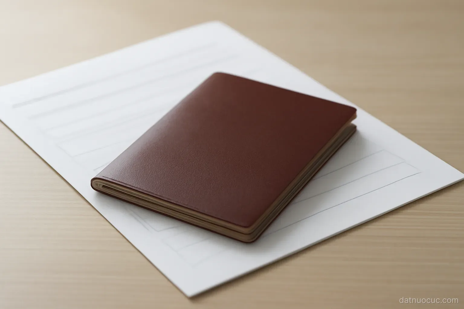 A closed passport resting on a folded application form on a plain desk, side light, nothing written