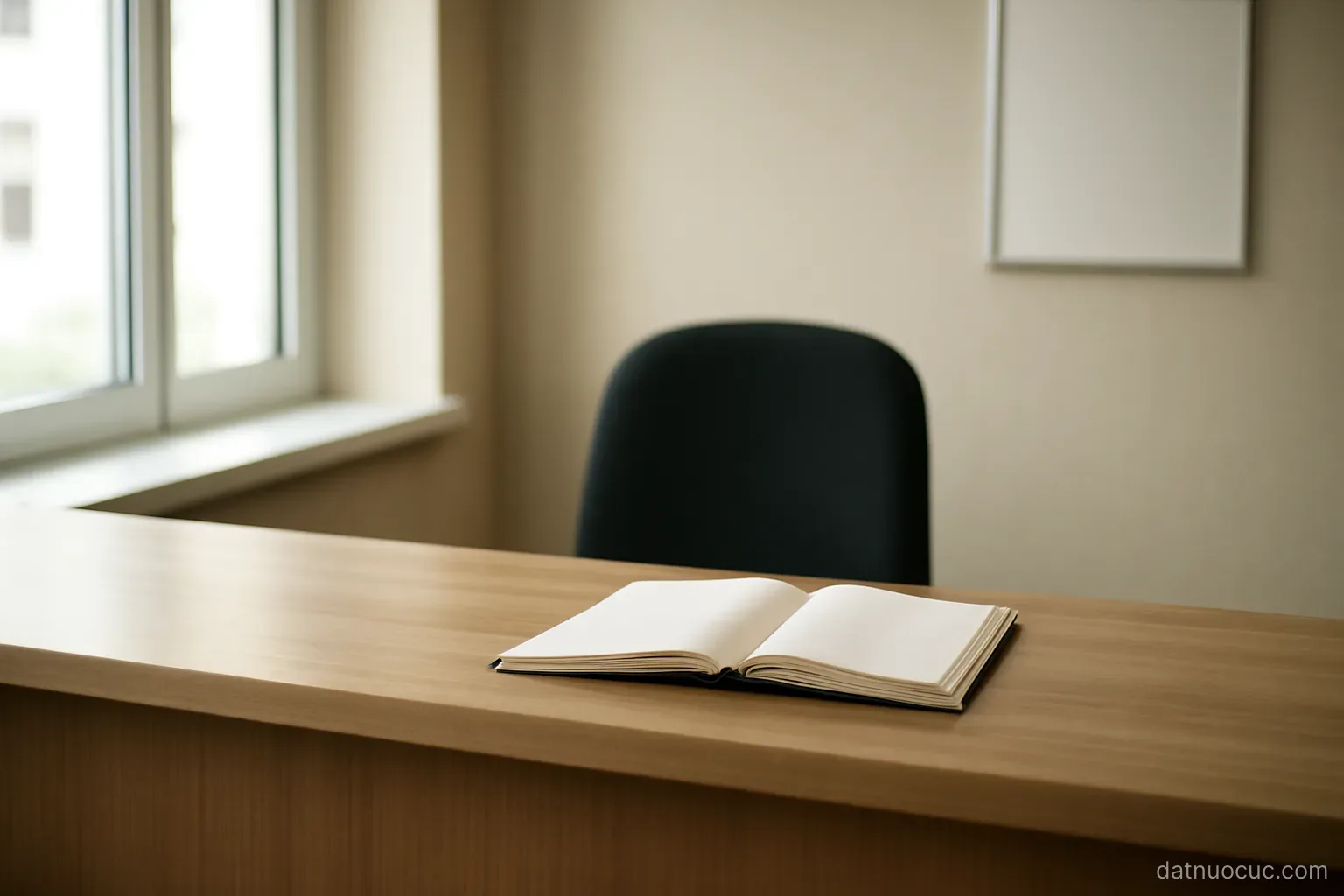 An empty office reception desk with a closed appointment book and a chair behind it, daylight from a window