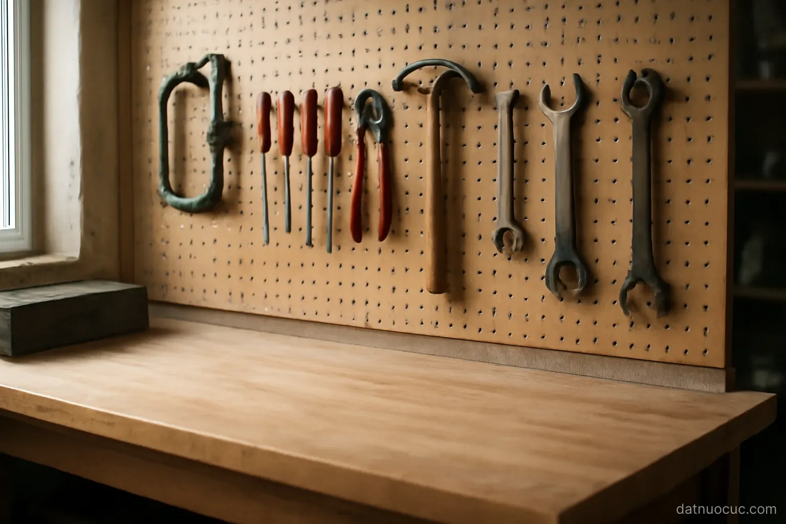 A workshop bench with hand tools hung on a pegboard above it, clean surface, natural side light