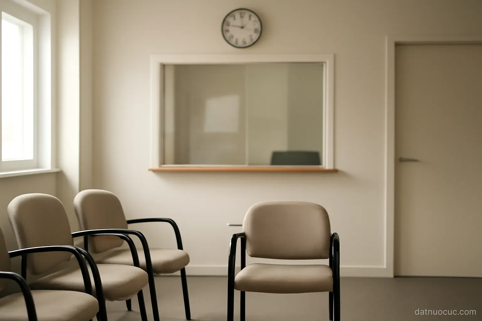 A general practice waiting room with empty chairs, a reception window and a wall clock, soft light